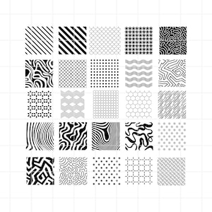 Könnte beinhalten: Eine Sammlung von 25 schwarz-weißen geometrischen Mustern. Die Muster umfassen diagonale Streifen, Wellenlinien, Punkte und andere abstrakte Designs. Die Muster sind in einem Raster auf weißem Hintergrund angeordnet.