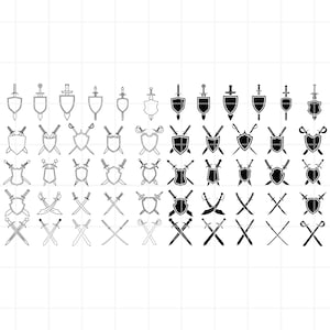 May include: A set of 48 black and white vector illustrations of swords and shields. The swords are crossed and the shields are in various shapes. The illustrations are in a simple, minimalist style.