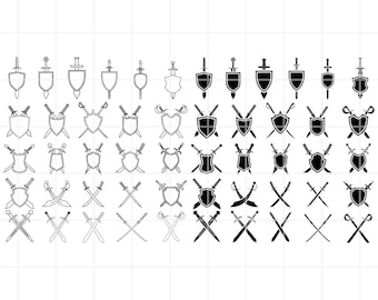 May include: A set of 48 black and white vector illustrations of swords and shields. The swords are crossed and the shields are in various shapes. The illustrations are in a simple, minimalist style.