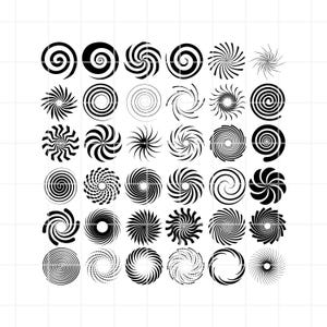 Peut inclure: Un ensemble de 36 motifs en spirale noir et blanc. Les spirales sont de formes et de tailles variées, et certaines ont un motif en pointillés.