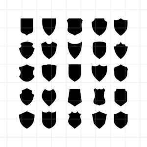 Puede incluir: Un conjunto de 30 iconos de escudo negros en varias formas y tamaños. Los escudos están dispuestos en una cuadrícula sobre un fondo blanco.