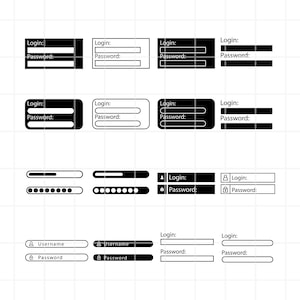 May include: A collection of black and white icons depicting different styles of login forms. The icons include fields for username, password, and login buttons. Some icons also include progress bars and lock symbols.