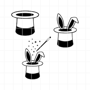 Może przedstawiać: Trzy czarno-białe ilustracje czarodziejskiego kapelusza. Pierwszy kapelusz jest pusty. Drugi kapelusz ma wystające uszy królika. Trzeci kapelusz ma wystające uszy królika i magiczną różdżkę z gwiazdami wychodzącymi z góry.