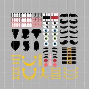 以下が含まれることがあります： 目、口、鼻、眉毛、口ひげ、髪、ベルトなど、カラフルな漫画のモンスターの顔のパーツのセット。パーツはグレーのグリッドの背景にあります。