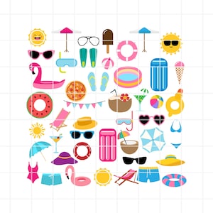 May include: A collection of colourful summer-themed illustrations. Includes sunglasses, beach umbrellas, a flamingo float, ice cream, a watermelon, and other beach and holiday icons. Ideal for summer designs.