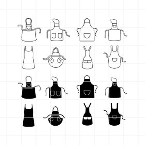 May include: A set of 12 black and white apron illustrations. The aprons are in various styles, including bib aprons, half aprons, and chef aprons. Some aprons have pockets, while others do not.