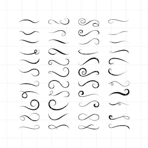 May include: A collection of black decorative flourishes and swashes in various shapes and sizes. The designs include curved lines, swirls, and loops, suitable for graphic design projects. The image is on a white background.