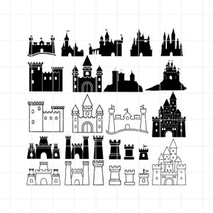 May include: A set of 18 black and white castle silhouette illustrations. The castles are in various styles, including tall towers, drawbridges, and flags.