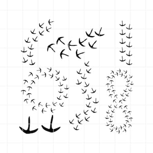 May include: Black and white graphic design of the numbers 6988, each number formed by a series of bird footprints. The background is a white grid pattern.