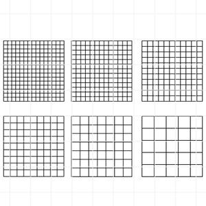 May include: Six black grid patterns of varying sizes and densities are arranged in a 2x3 grid on a white background. The grids are composed of evenly spaced horizontal and vertical lines.