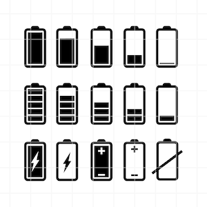 バッテリー SVG バンドル。Silhouette および Cricut 用のバッテリー SVG ファイル。フルバッテリー。低バッテリー SVG。エネルギー SVG。バッテリー クリップアート PNG が含まれています。