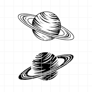 May include: A black and white illustration of Saturn, a planet with rings. The planet is depicted with a textured surface and the rings are shown as a series of concentric circles.