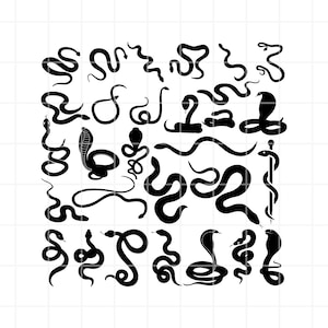 May include: A black and white illustration of various snake silhouettes. The snakes are in different positions, including coiled, curled, and straight. Some snakes have a head with fangs.
