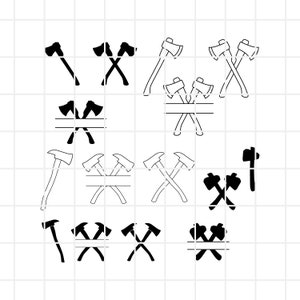 Puede incluir: Un conjunto de 10 archivos de corte SVG de hachas en blanco y negro para proyectos de manualidades. Los hachas están cruzadas y algunas tienen un espacio para un nombre o texto.
