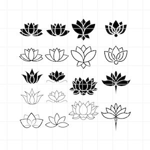 May include: A set of 16 black and white lotus flower illustrations. The lotus flowers are in various styles and sizes.