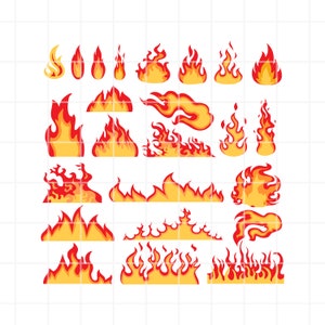 Puede incluir: Un conjunto de 20 llamas de fuego de dibujos animados en varias formas y tamaños. Las llamas son rojas y naranjas con reflejos amarillos. Las llamas están aisladas sobre un fondo blanco.
