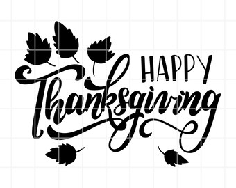 May include: Black and white calligraphy design with the text "Happy Thanksgiving" and stylized leaves.