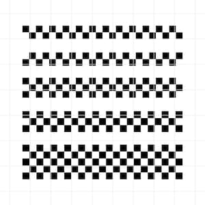 May include: A collection of five black and white checkered patterns. Each pattern is a horizontal band of alternating black and white squares. The patterns vary slightly in the size and arrangement of the squares.
