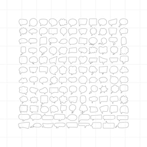 Puede incluir: Un conjunto de 100 burbujas de diálogo en blanco y negro de varias formas y tamaños. Las burbujas de diálogo están delineadas en negro y están dispuestas en una cuadrícula.