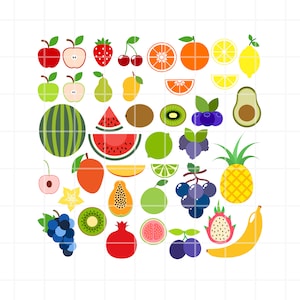 May include: A colorful illustration of various fruits and vegetables, including apples, strawberries, cherries, oranges, lemons, limes, watermelon, kiwi, grapes, pineapple, papaya, dragon fruit, banana, pomegranate, and guava.