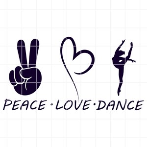 May include: Black and white graphic design with a peace sign, a heart, and a silhouette of a dancer. The text "Peace Love Dance" is below the graphic.