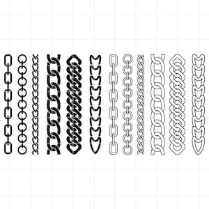 May include: A collection of black chain illustrations in various styles. The designs include simple link chains, intricate woven patterns, and stylized shapes, all presented against a white background with a subtle grid.