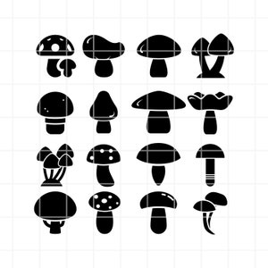 Op de afbeelding: Een set van 16 zwart-witte illustraties van paddenstoelen. De paddenstoelen zijn in verschillende vormen en maten, sommige hebben stippen of andere details.