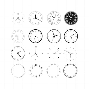 以下が含まれることがあります： 白黒の時計の文字盤のイラスト12点セット。時計の文字盤は、ローマ数字、アラビア数字、シンプルな針など、さまざまなスタイルです。時計の文字盤はすべて白い背景です。