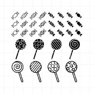 Può includere: Illustrazioni in bianco e nero di caramelle, tra cui lecca-lecca con diversi motivi e caramelle avvolte.