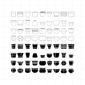 Könnte beinhalten: Eine Sammlung verschiedener Blumentöpfe in Schwarz und Weiß. Die Töpfe variieren in Form, Größe und Design, einschließlich zylindrischer, quadratischer und dekorativer Stile. Einige Töpfe haben strukturierte Oberflächen oder gemusterte Details.