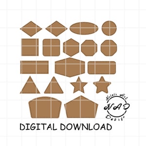 May include: A set of 14 brown digital cut files in various shapes, including circles, squares, stars, triangles, and hexagons. The shapes are outlined with a black dashed line. The text "DIGITAL DOWNLOAD" is at the bottom of the image.