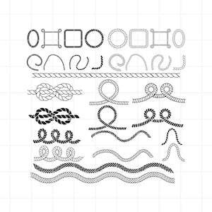 Op de afbeelding: Een set met zwarte en witte touwillustraties, inclusief knopen, randen en golvende lijnen. De illustraties staan op een witte achtergrond met een rasterpatroon.