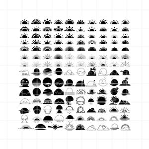 May include: A set of 80 black and white sun and sunrise illustrations. The illustrations include various styles of suns, some with rays, some with waves, and some with mountains.