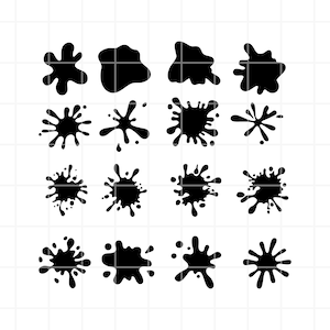 May include: A set of 16 black ink splatter illustrations. The splatters are in various shapes and sizes, with some being more circular and others more irregular.