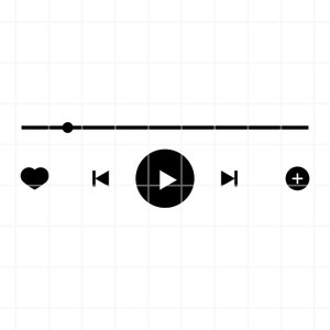 May include: Black and white music player interface with a play button, rewind button, fast forward button, a heart icon, and a plus icon. The interface also includes a progress bar with a slider.