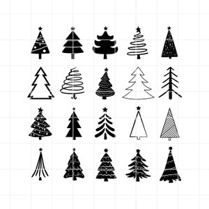 May include: A set of 18 black and white Christmas tree illustrations. The trees are in various styles, including simple, ornate, and abstract.