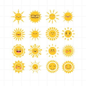May include: Set of 16 yellow sun illustrations with different facial expressions, including smiling, winking, frowning, and wearing glasses. The suns are cartoon-style and have a simple design.