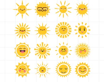 Puede incluir: Conjunto de 16 ilustraciones de sol amarillo con diferentes expresiones faciales, incluyendo sonriendo, guiñando un ojo, frunciendo el ceño y usando gafas. Los soles son de estilo de dibujos animados y tienen un diseño simple.