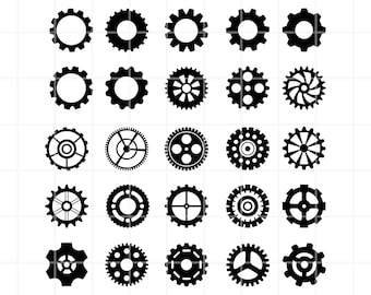 May include: A set of 30 black and white gear icons. The gears are various sizes and shapes, with some having teeth and others having smooth edges.
