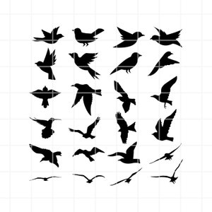 May include: A collection of 25 black silhouette images of birds in various flying poses. The birds are all facing different directions and are in various stages of flight.