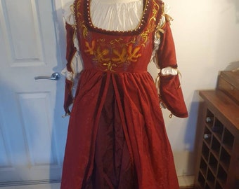 Embroidered Renaissance-style High waisted dress and underskirt- size L,  UK size 14-16, EU size 42-44