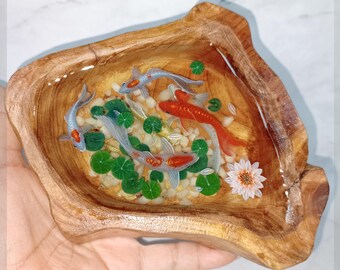 3D Koi Fish Resin Painting: Layered Epoxy Pond Scene on Wood