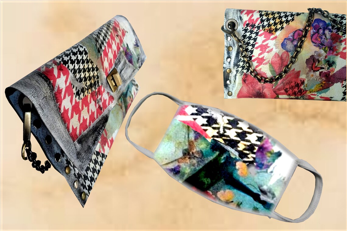 Decoupage leather / Upcycled leather bag / Checkered bag / Etsy