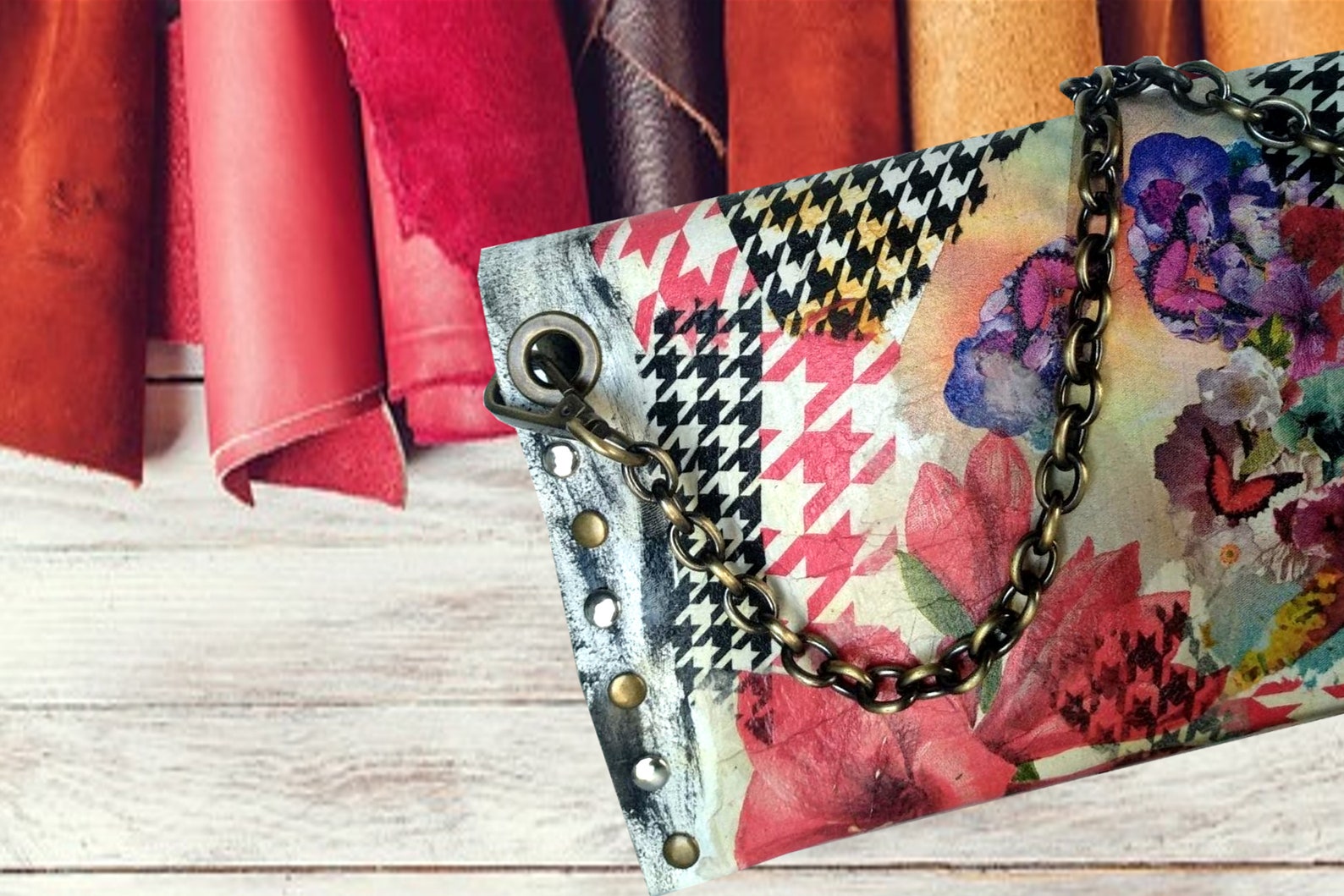 Decoupage leather / Upcycled leather bag / Checkered bag / Etsy