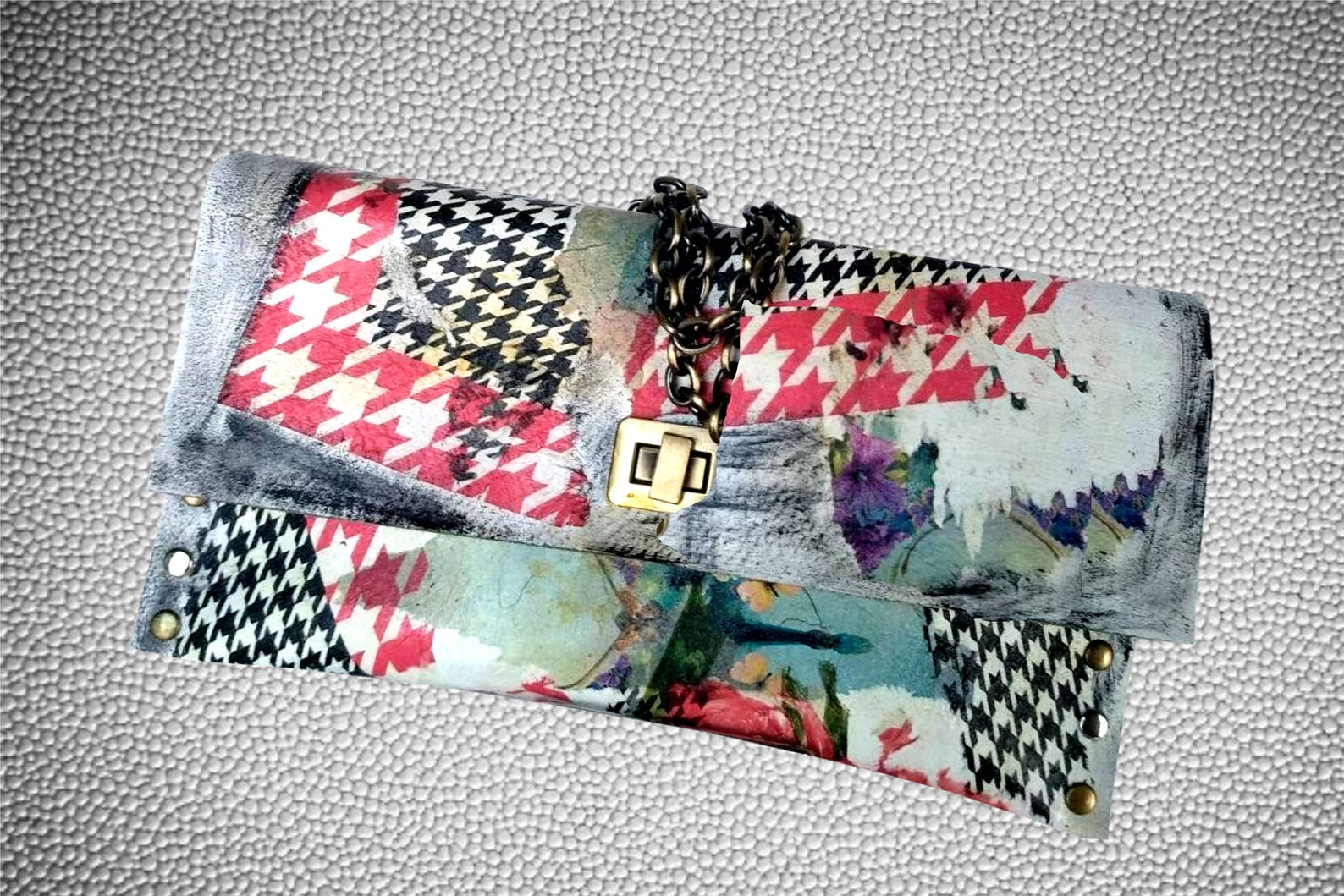 Decoupage leather / Upcycled leather bag / Checkered bag / Etsy