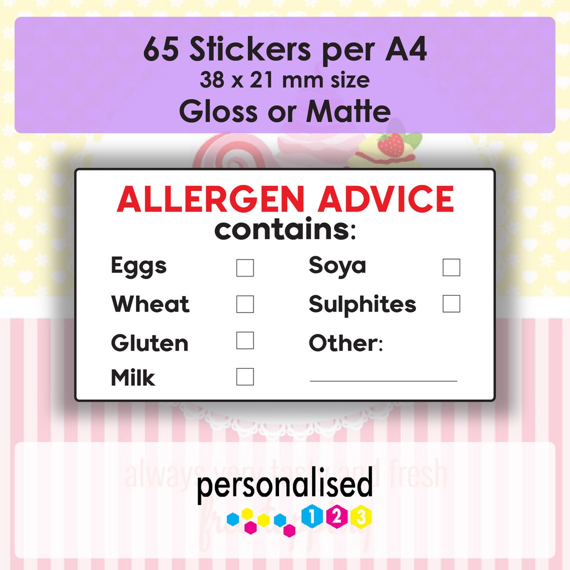 65 Cake Allergen Stickers Food Allergy Labels Tick Box Bakers | Etsy UK
