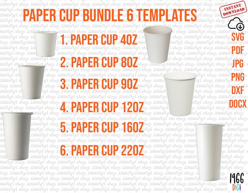 Paper Cup Bundle Template, 4oz, 8oz, 9oz, 12oz, 16oz, 22oz, Full Wrap ...