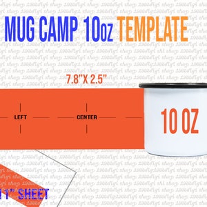 Può includere: Un modello di tazza smaltata bianca da 10 oz con un bordo nero. La tazza è larga 7,8 pollici e alta 2,5 pollici. Il modello è progettato per adattarsi a un foglio di carta di 8,5 pollici per 11 pollici. Il modello include linee guida per il posizionamento di testo e immagini. Il modello è per uso personale o commerciale.