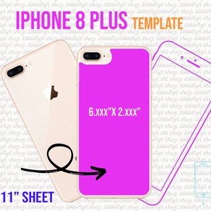 Könnte beinhalten: Eine iPhone 8 Plus Vorlage mit einem pinkfarbenen Handyhüllen-Design, mit dem Text "6.XXX" X 2.XXX" und "8.5" X 11" SHEET". Enthält Dateiformatsymbole für SVG, PDF, EPS, PNG, DXF und DOCX. Das Telefon ist goldfarben.