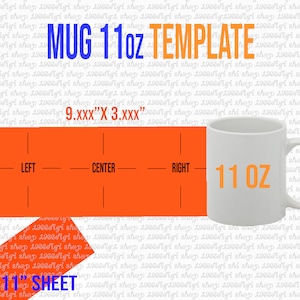 Puede incluir: Una plantilla para una taza de 11 oz, que muestra la taza sobre un fondo blanco con una hoja naranja detrás. La hoja está dividida en tres secciones etiquetadas como "Izquierda", "Centro" y "Derecha". El texto "9.xxx"X 3.xxx"" está por encima de la hoja. El texto "8.5"X11" HOJA" está por debajo de la hoja. El texto "MUG 11oz TEMPLATE" está en la parte superior de la imagen. El texto "INSTANT DOWNLOAD" está en un sello rojo en la esquina superior derecha de la imagen. Debajo del sello hay una nube con una flecha hacia abajo, que indica una descarga. Debajo de la nube están los tipos de archivos disponibles para descargar: SVG, PDF, PNG, EPS, DXF y DOCX.
